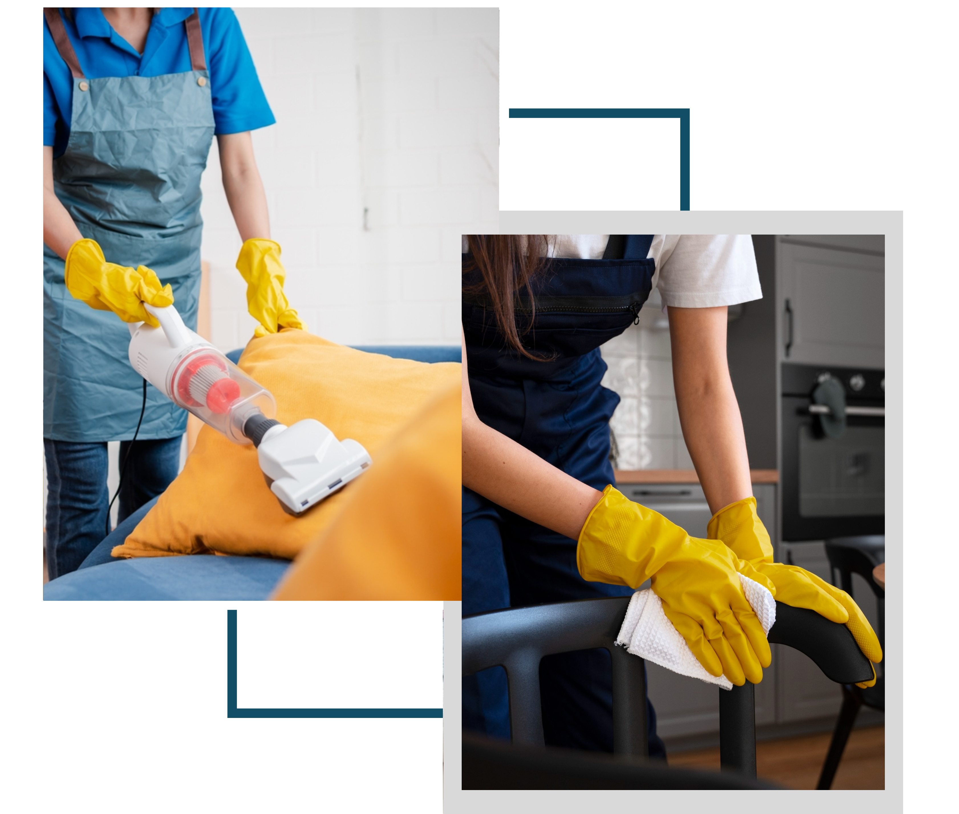 Cleaner vacuuming a couch and wiping furniture.